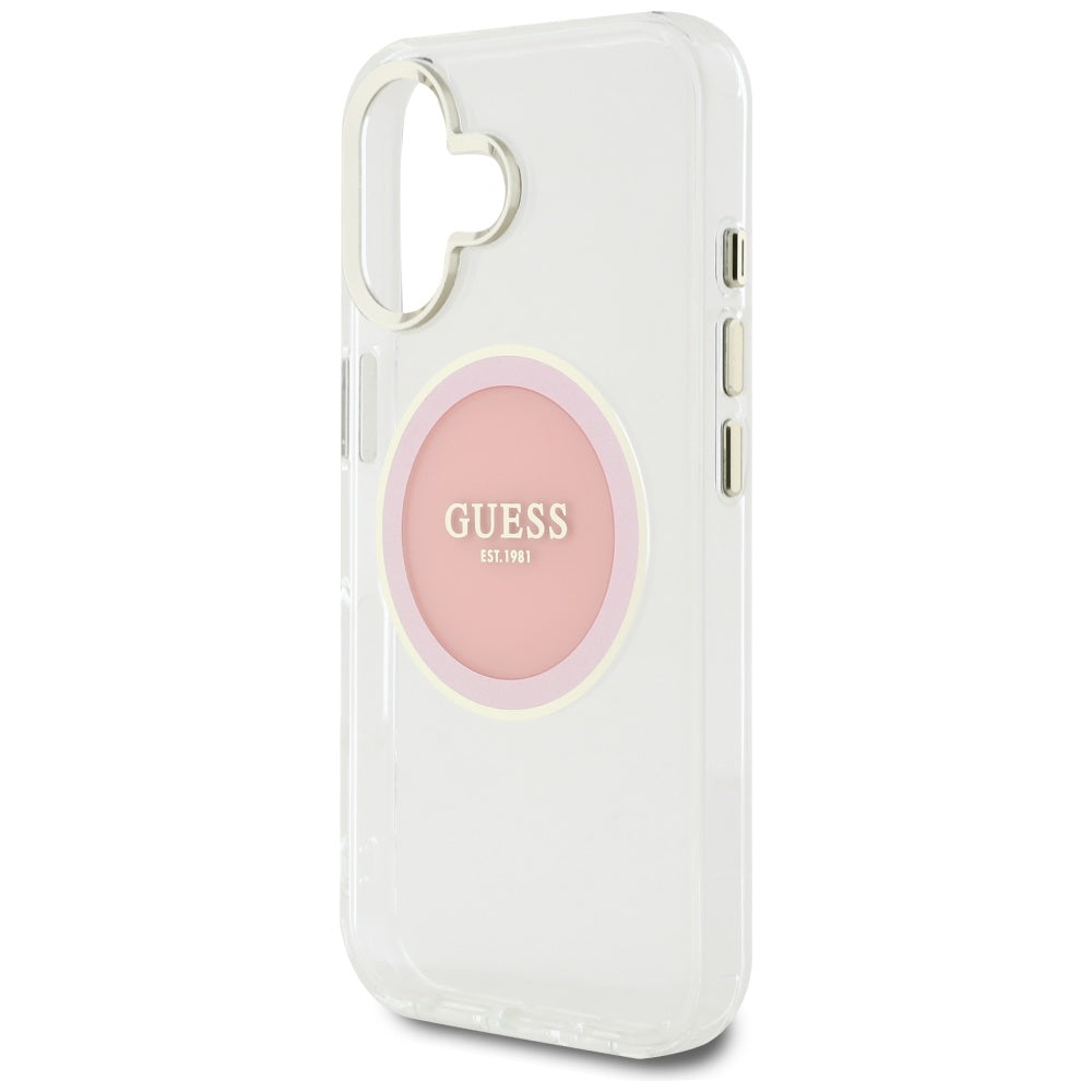 Étui MagSafe pour Apple iPhone 16, Guess, IML Cercle Métallique Coloré, Rose
