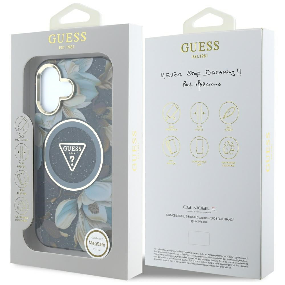Coque MagSafe pour Apple iPhone 16, Guess, IML Metal Glitter Flowers Triangle, Noire