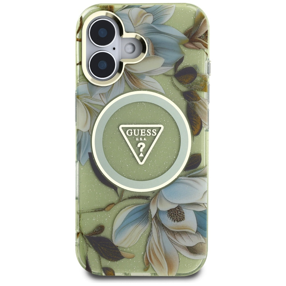 Coque MagSafe pour Apple iPhone 16, Guess, IML Metal Glitter Flowers Triangle, Vert