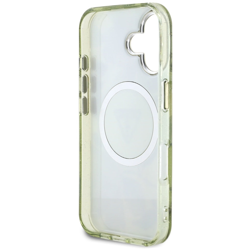 Coque MagSafe pour Apple iPhone 16, Guess, IML Metal Glitter Flowers Triangle, Vert