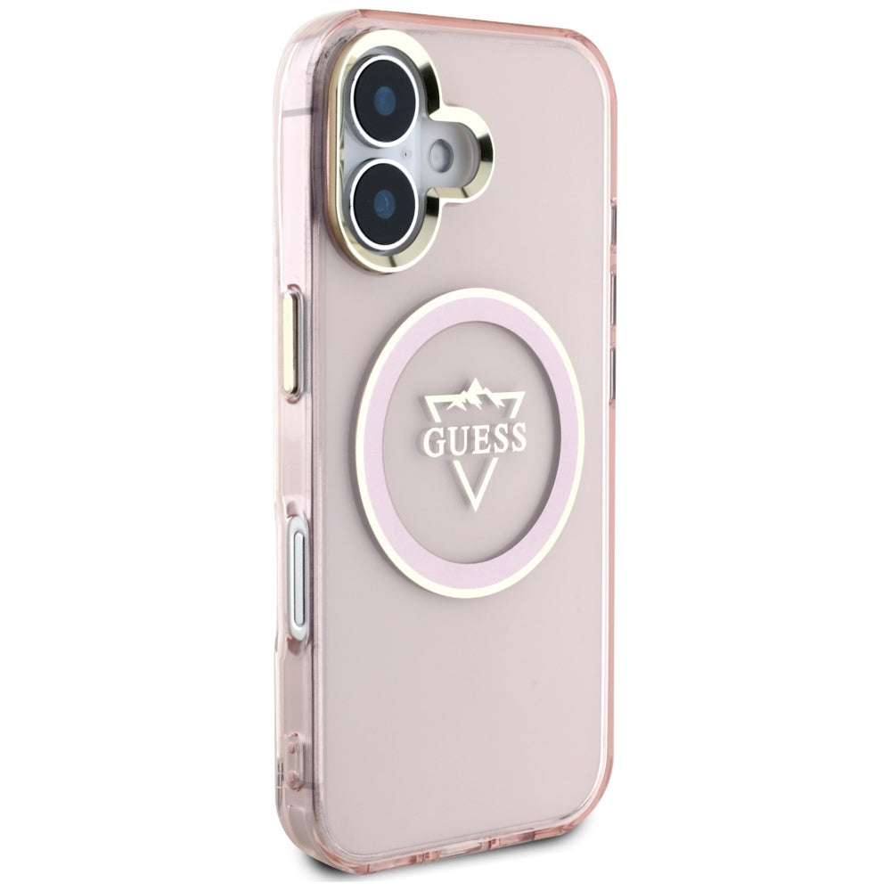 Coque MagSafe pour Apple iPhone 16, Guess, logo IML Metal Mountain, Rose