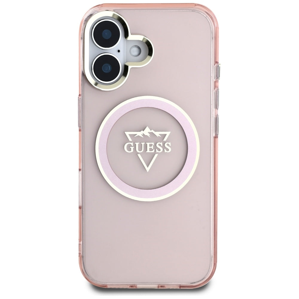 Coque MagSafe pour Apple iPhone 16, Guess, logo IML Metal Mountain, Rose
