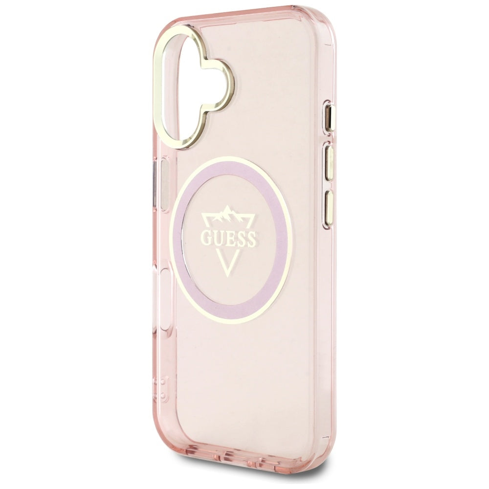Coque MagSafe pour Apple iPhone 16, Guess, logo IML Metal Mountain, Rose