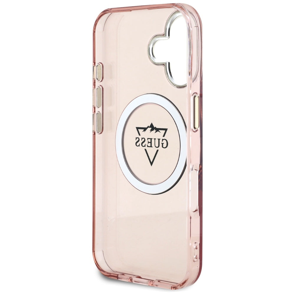 Coque MagSafe pour Apple iPhone 16, Guess, logo IML Metal Mountain, Rose
