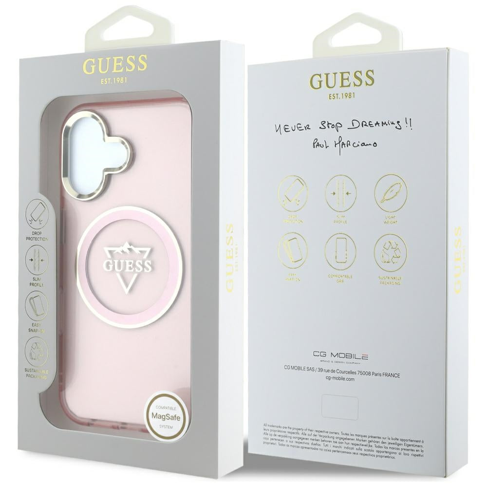 Coque MagSafe pour Apple iPhone 16, Guess, logo IML Metal Mountain, Rose