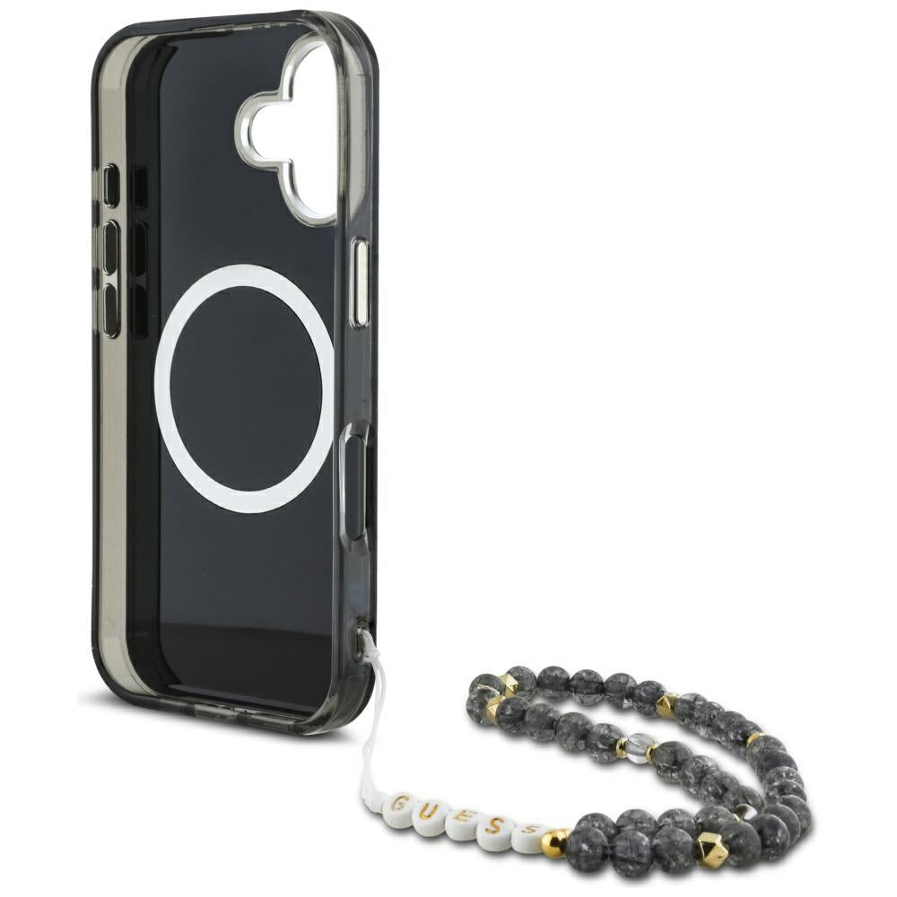 MagSafe hoesje voor Apple iPhone 16, Guess, IML Palm Trees Triangle met Parelband, Zwart