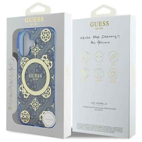 MagSafe hoesje voor Apple iPhone 16, Guess, IML Peony On 4G Background, Blauw