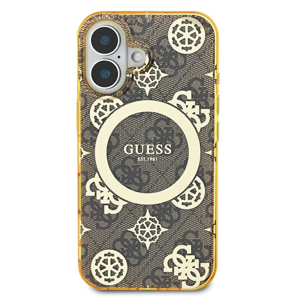MagSafe hoesje voor Apple iPhone 16, Guess, IML Peony op 4G achtergrond, Bruin