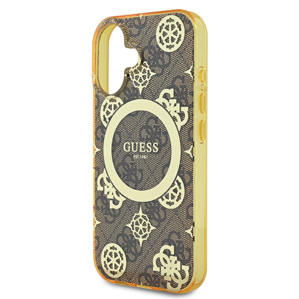 MagSafe hoesje voor Apple iPhone 16, Guess, IML Peony op 4G achtergrond, Bruin