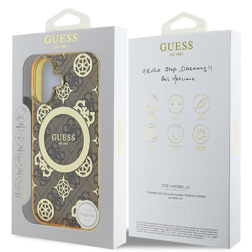 MagSafe hoesje voor Apple iPhone 16, Guess, IML Peony op 4G achtergrond, Bruin