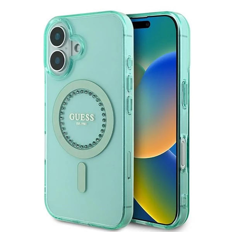 Coque MagSafe pour Apple iPhone 16, Guess, IML Rhinestone, Vert