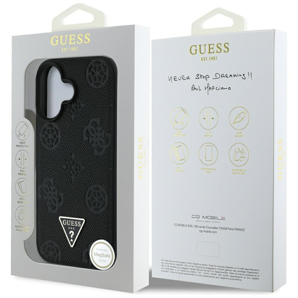 MagSafe Case for Apple iPhone 16, Guess, Peony Grained Hot Stamp Triangle, Black