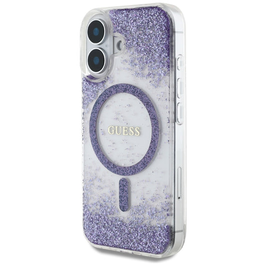 MagSafe hoesje voor Apple iPhone 16, Guess, Resin Bottom Glitter, Paars