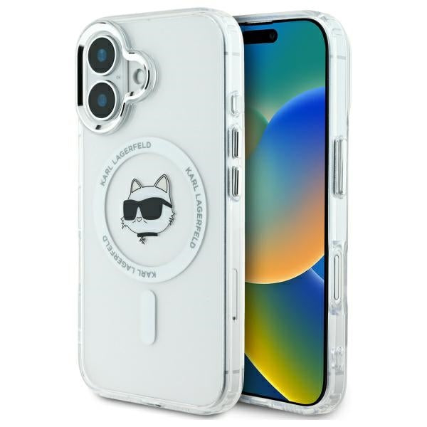 Coque MagSafe pour Apple iPhone 16, Karl Lagerfeld, IML Metal Choupette's Head, Blanche