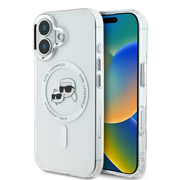 Coque MagSafe pour Apple iPhone 16, Karl Lagerfeld, IML Métal Karl & Choupette's Heads, Blanche