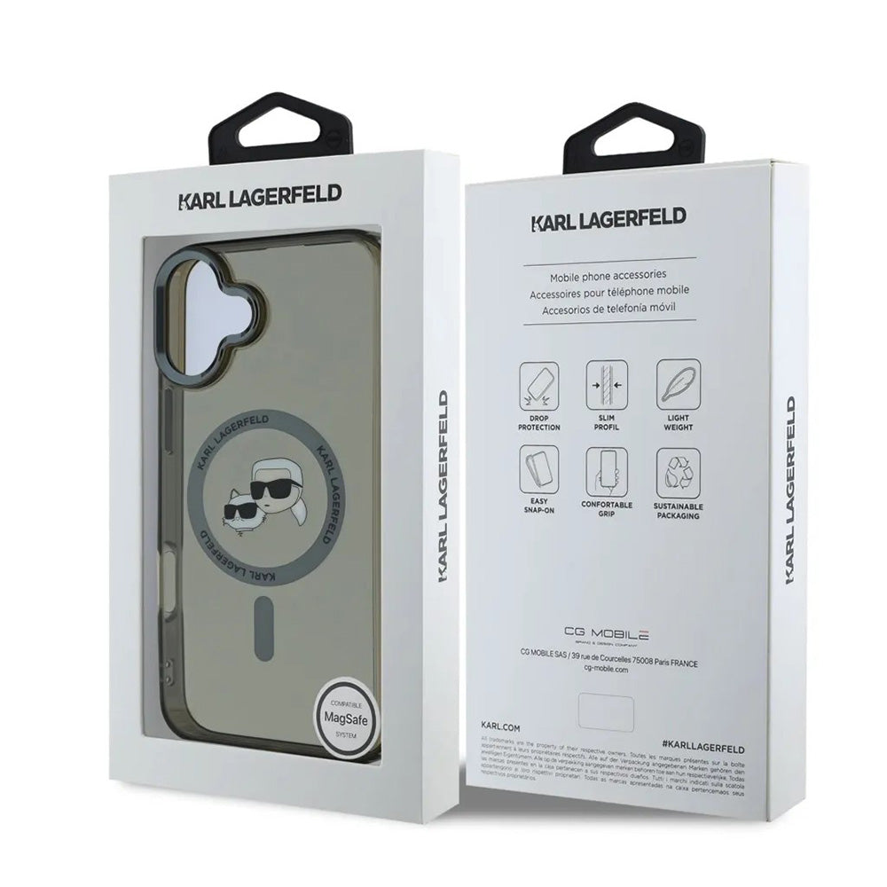MagSafe hoesje voor Apple iPhone 16, Karl Lagerfeld, IML Metal Karl & Choupette's Heads, Zwart
