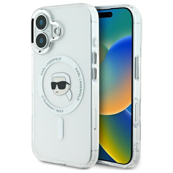 Coque MagSafe pour Apple iPhone 16, Karl Lagerfeld, IML Metal Karl's Head, Blanche
