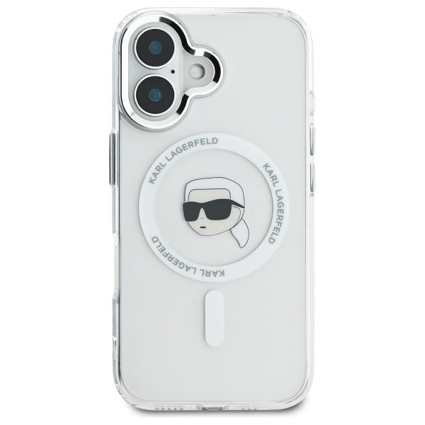 Coque MagSafe pour Apple iPhone 16, Karl Lagerfeld, IML Metal Karl's Head, Blanche