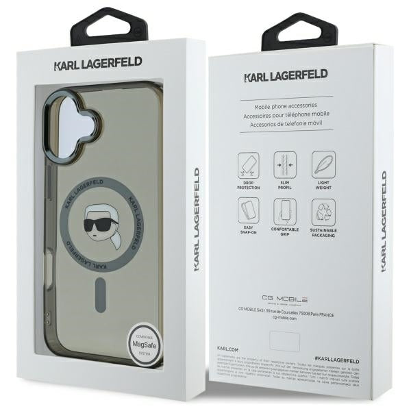 Étui MagSafe pour Apple iPhone 16, Karl Lagerfeld, IML Metal Karl's Head, Noir