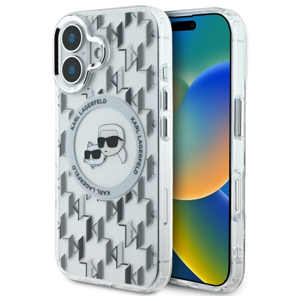 MagSafe Hülle für Apple iPhone 16, Karl Lagerfeld, IML Monogramm Karl & Choupette's Köpfe, Transparent
