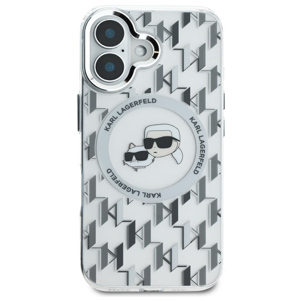 MagSafe Hülle für Apple iPhone 16, Karl Lagerfeld, IML Monogramm Karl & Choupette's Köpfe, Transparent