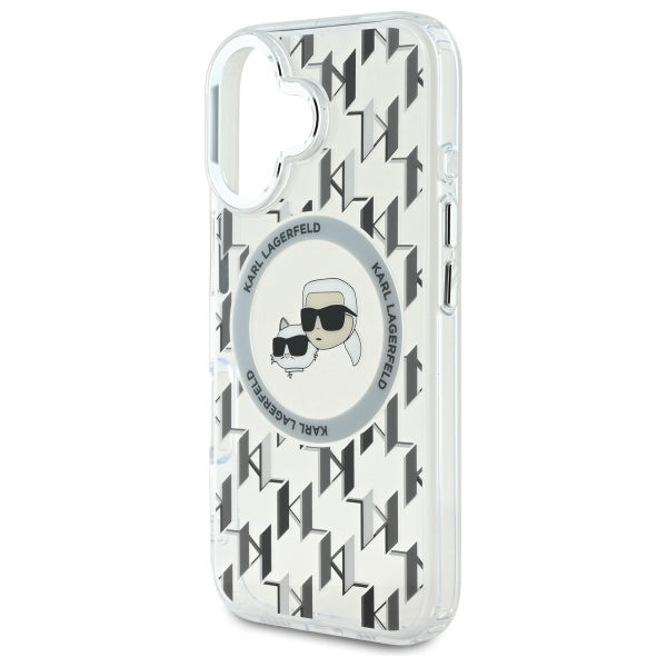 MagSafe Hülle für Apple iPhone 16, Karl Lagerfeld, IML Monogramm Karl & Choupette's Köpfe, Transparent