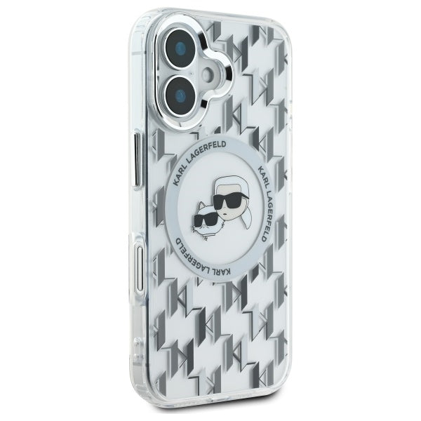 MagSafe Hülle für Apple iPhone 16, Karl Lagerfeld, IML Monogramm Karl & Choupette's Köpfe, Transparent