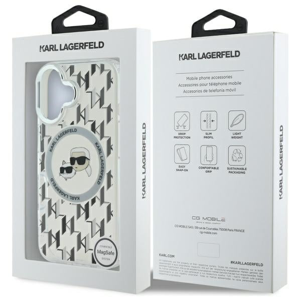 MagSafe Hülle für Apple iPhone 16, Karl Lagerfeld, IML Monogramm Karl & Choupette's Köpfe, Transparent