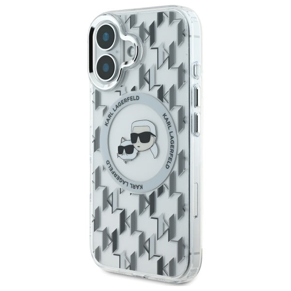 MagSafe Hülle für Apple iPhone 16, Karl Lagerfeld, IML Monogramm Karl & Choupette's Köpfe, Transparent