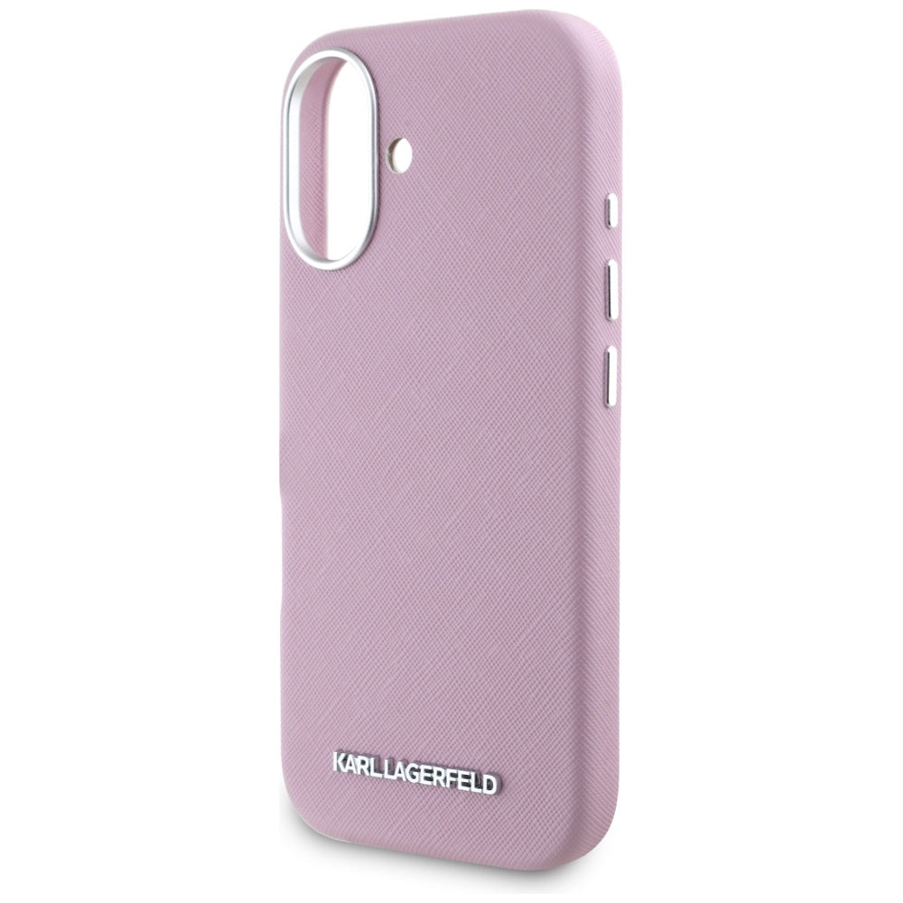 Étui MagSafe pour Apple iPhone 16, Karl Lagerfeld, Saffiano Full Wrapped Elongated Metal Logo, Rose