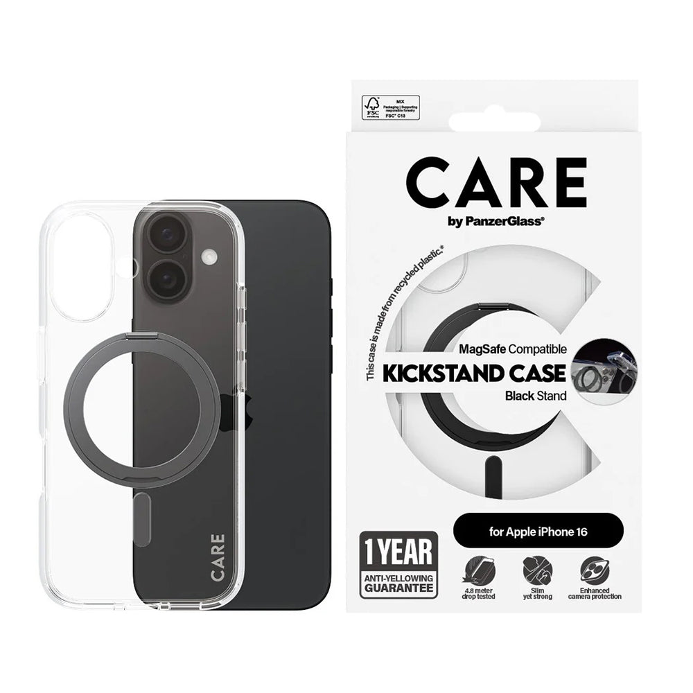Coque MagSafe pour Apple iPhone 16, PanzerGlass, avec fonction support, Transparente Noire