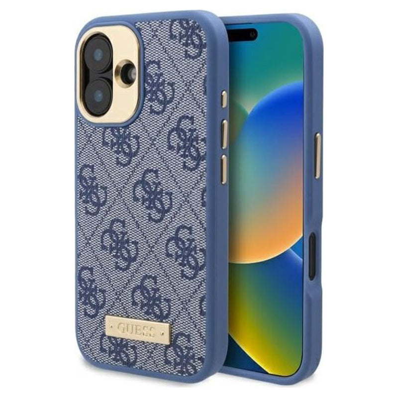 Coque MagSafe pour Apple iPhone 16 Plus, Guess, Plaque Logo 4G, Bleue