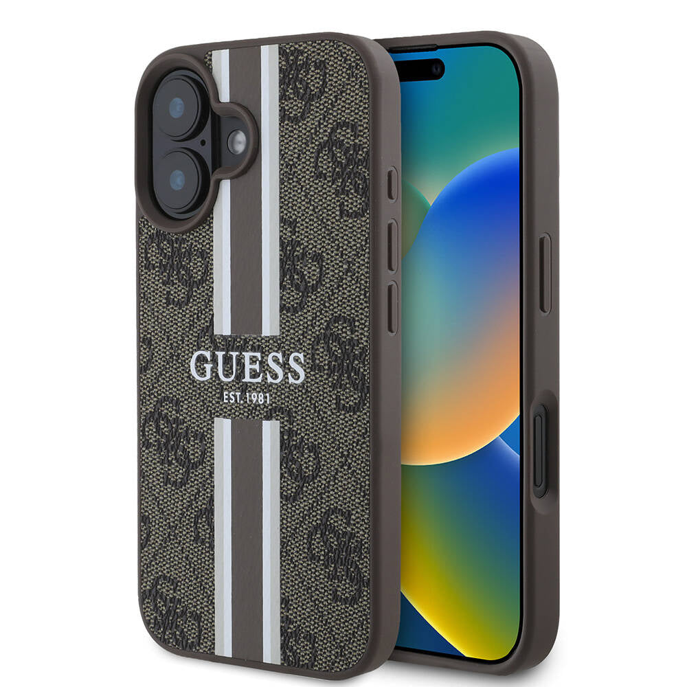 Étui MagSafe pour Apple iPhone 16 Plus, Guess, 4G Printed Stripes, Marron