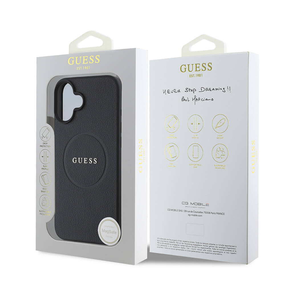 MagSafe Case for Apple iPhone 16 Plus, Guess, Grained Gold Ring, Black