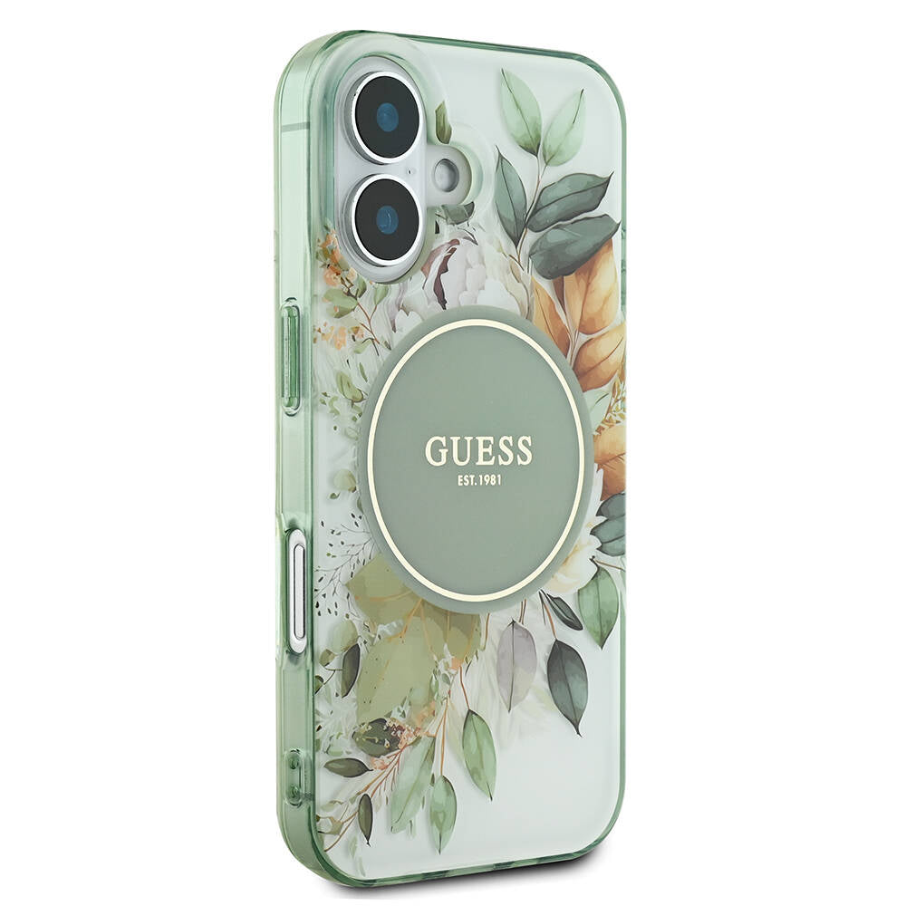 Étui MagSafe pour Apple iPhone 16 Plus, Guess, IML Flower & Tonal Circle, Vert