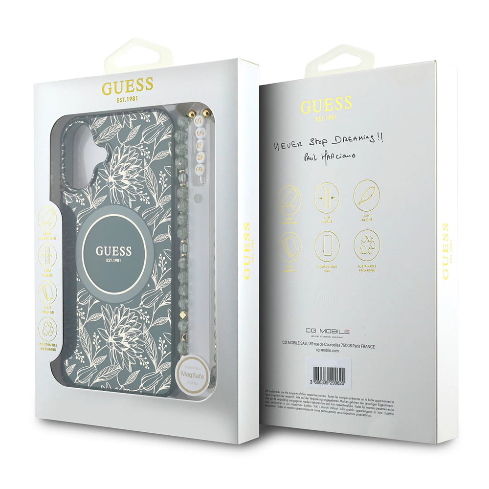 MagSafe hoesje voor Apple iPhone 16 Plus, Guess, IML Flowers Allover Electroplated with Pearl Strap, Groen