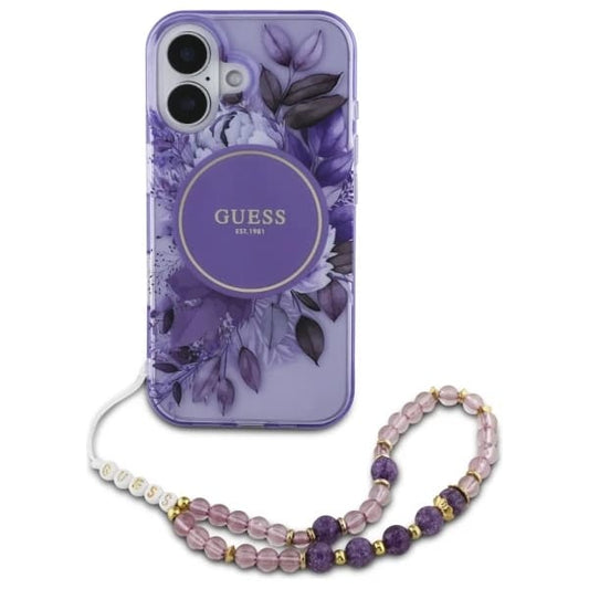 Étui MagSafe pour Apple iPhone 16 Plus, Guess, IML Flowers with Pearl Strap, Violet