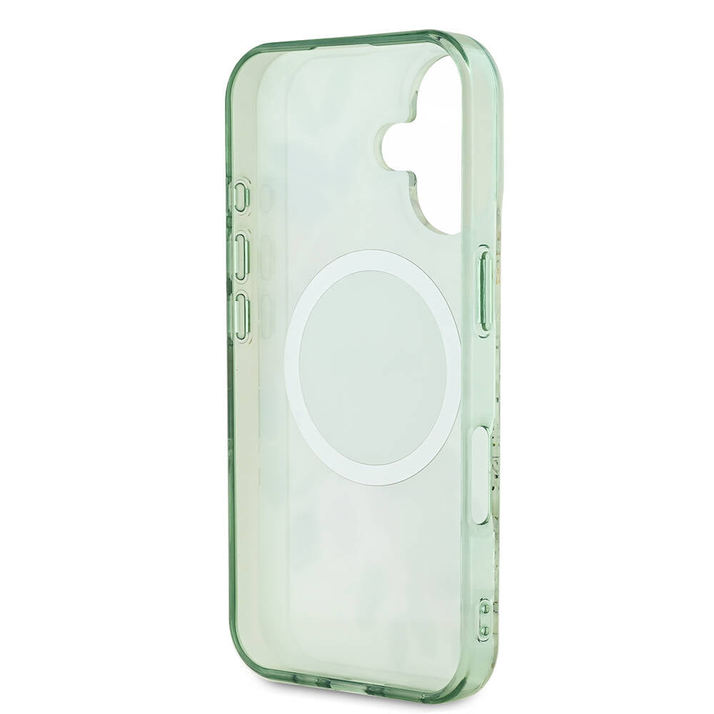 Coque MagSafe pour Apple iPhone 16 Plus, Guess, IML Flowers with Pearl Strap, Vert
