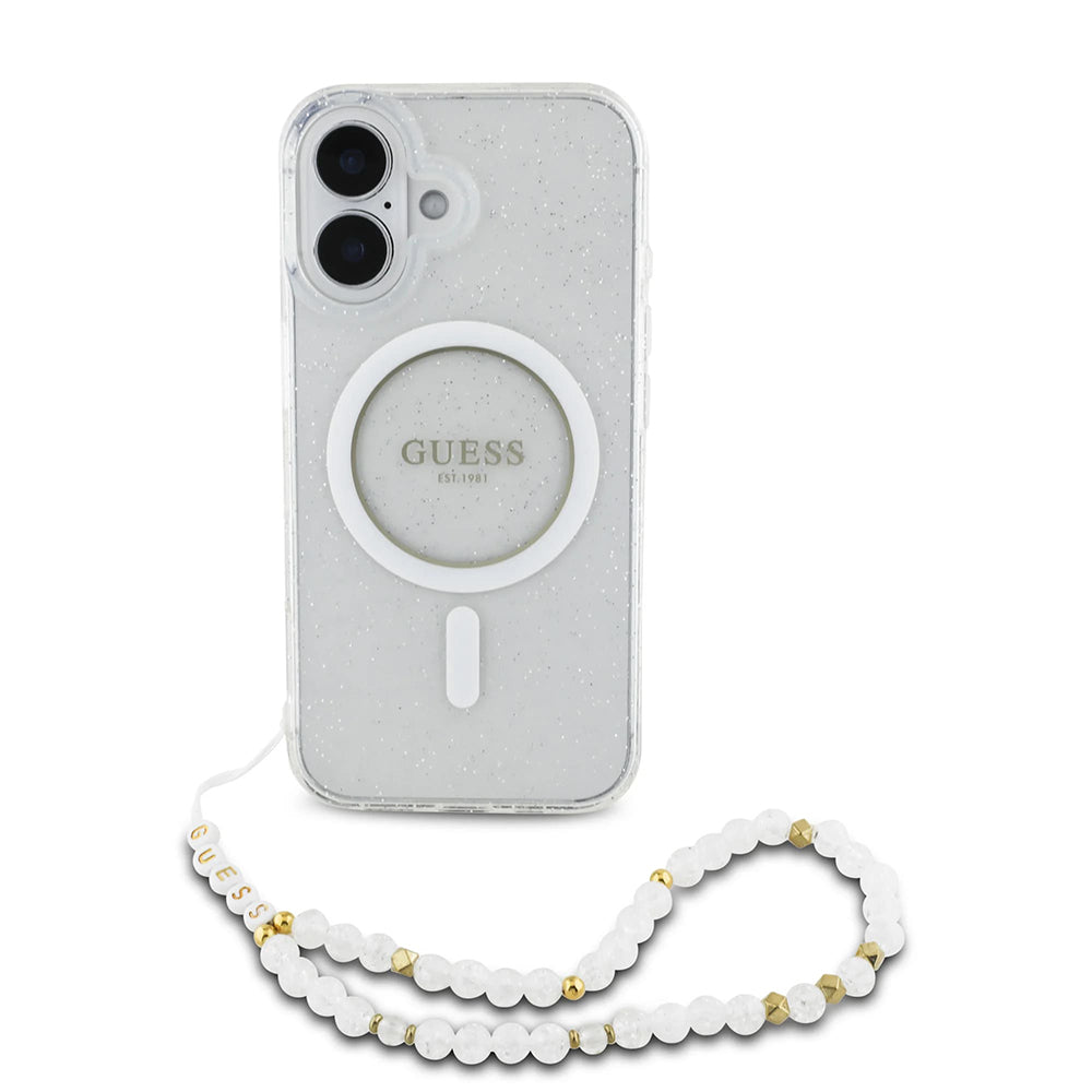MagSafe hoesje voor Apple iPhone 16 Plus, Guess, IML Glitter met Parelband, Transparant