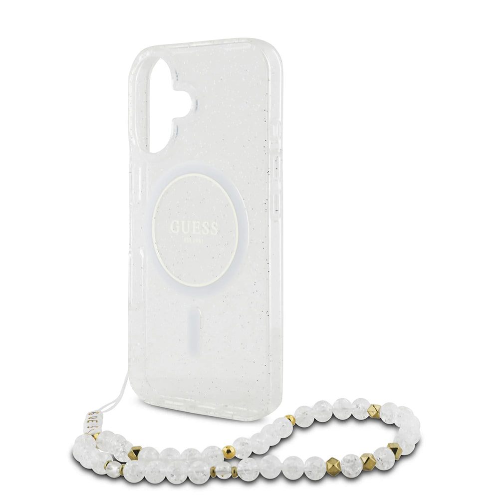 MagSafe hoesje voor Apple iPhone 16 Plus, Guess, IML Glitter met Parelband, Transparant