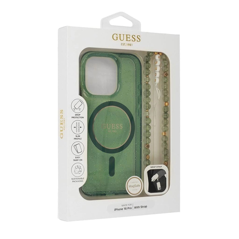 MagSafe hoesje voor Apple iPhone 16 Plus, Guess, IML Glitter met Parelband, Groen