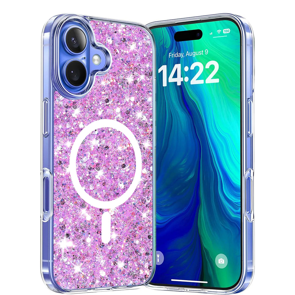 Coque MagSafe pour Apple iPhone 16 Plus, Techsuit, Paillettes Étincelantes, Magenta