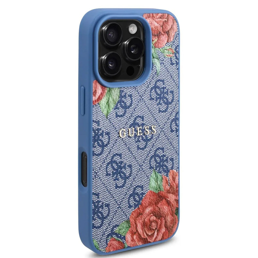 Coque MagSafe pour Apple iPhone 16 Pro, Guess, Imprimé Fleurs 4G, Bleue