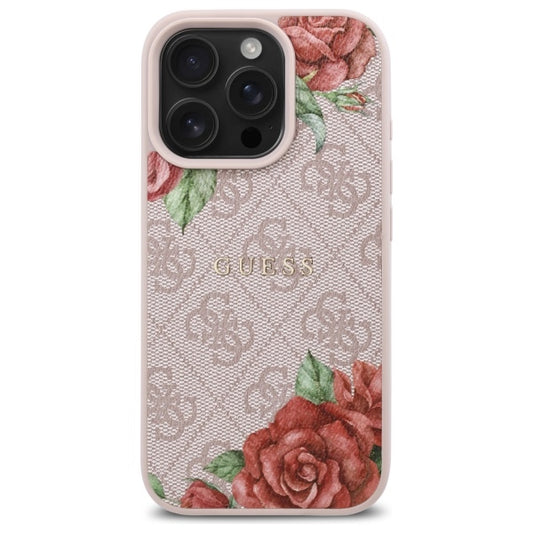 Coque MagSafe pour Apple iPhone 16 Pro, Guess, Imprimé Fleurs 4G, Rose