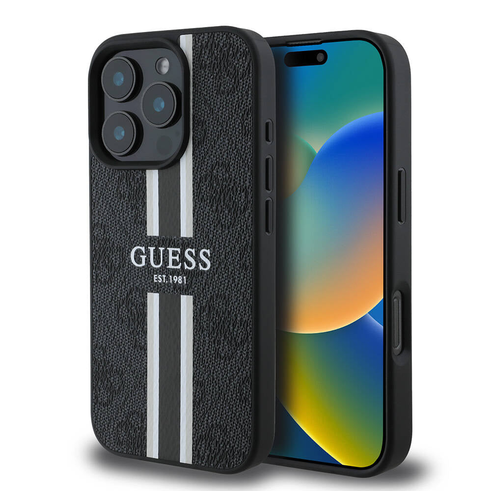 MagSafe Case for Apple iPhone 16 Pro, Guess, 4G Printed Stripes, Black