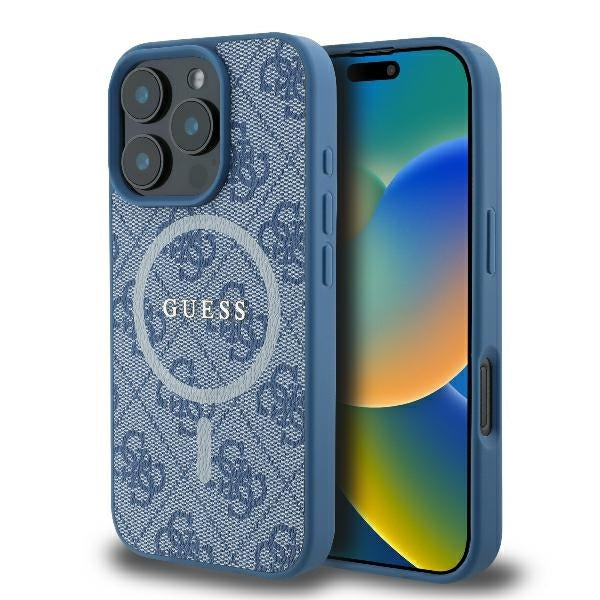 MagSafe hoesje voor Apple iPhone 16 Pro, Guess, 4G Ring Classic Logo, Blauw
