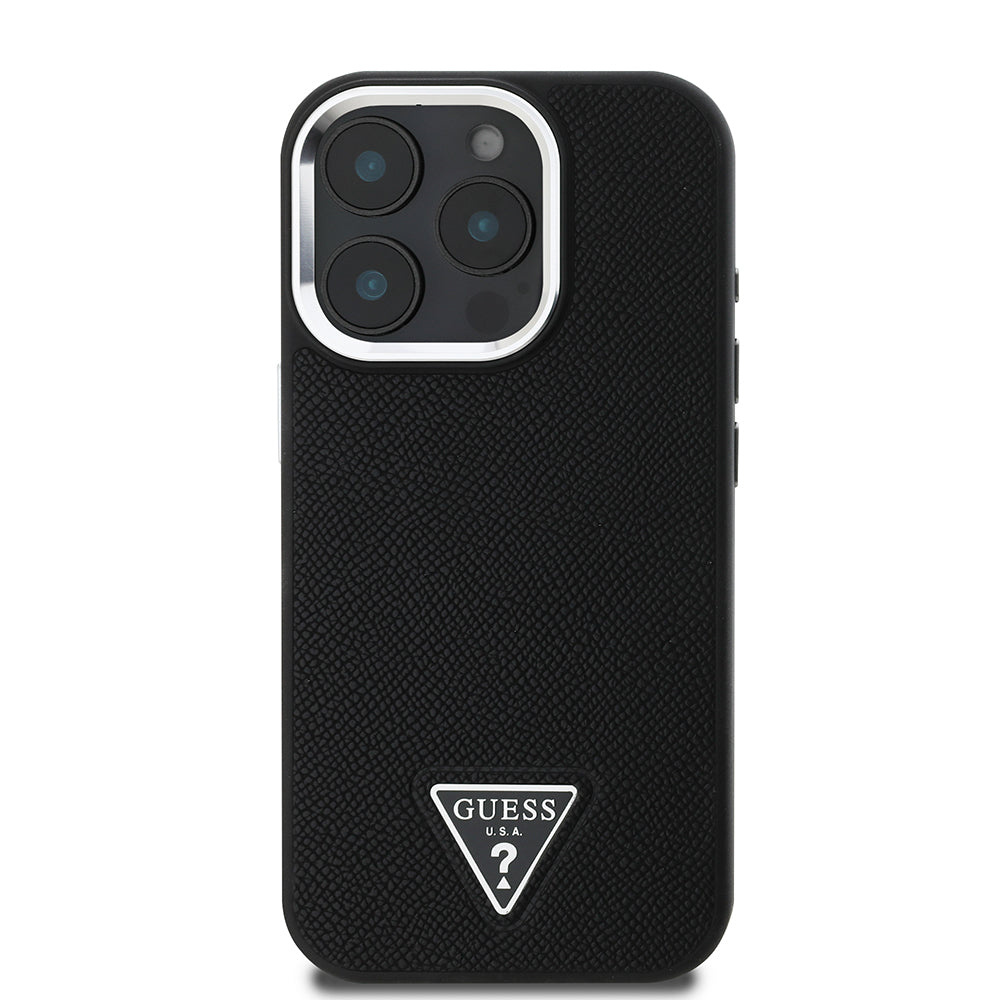 Étui MagSafe pour Apple iPhone 16 Pro, Guess, Logo Triangle Grainé, Noir