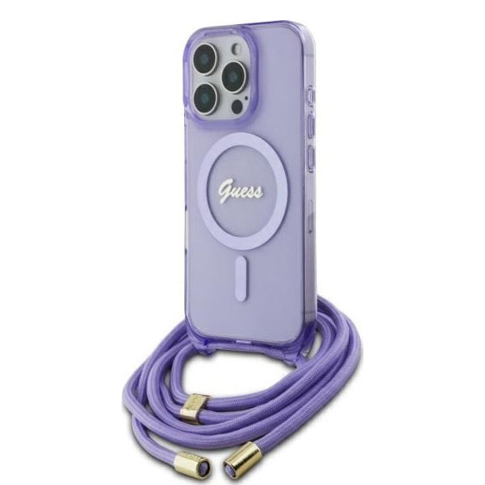 MagSafe hoesje voor Apple iPhone 16 Pro, Guess, IML Crossbody Cord Script, Paars
