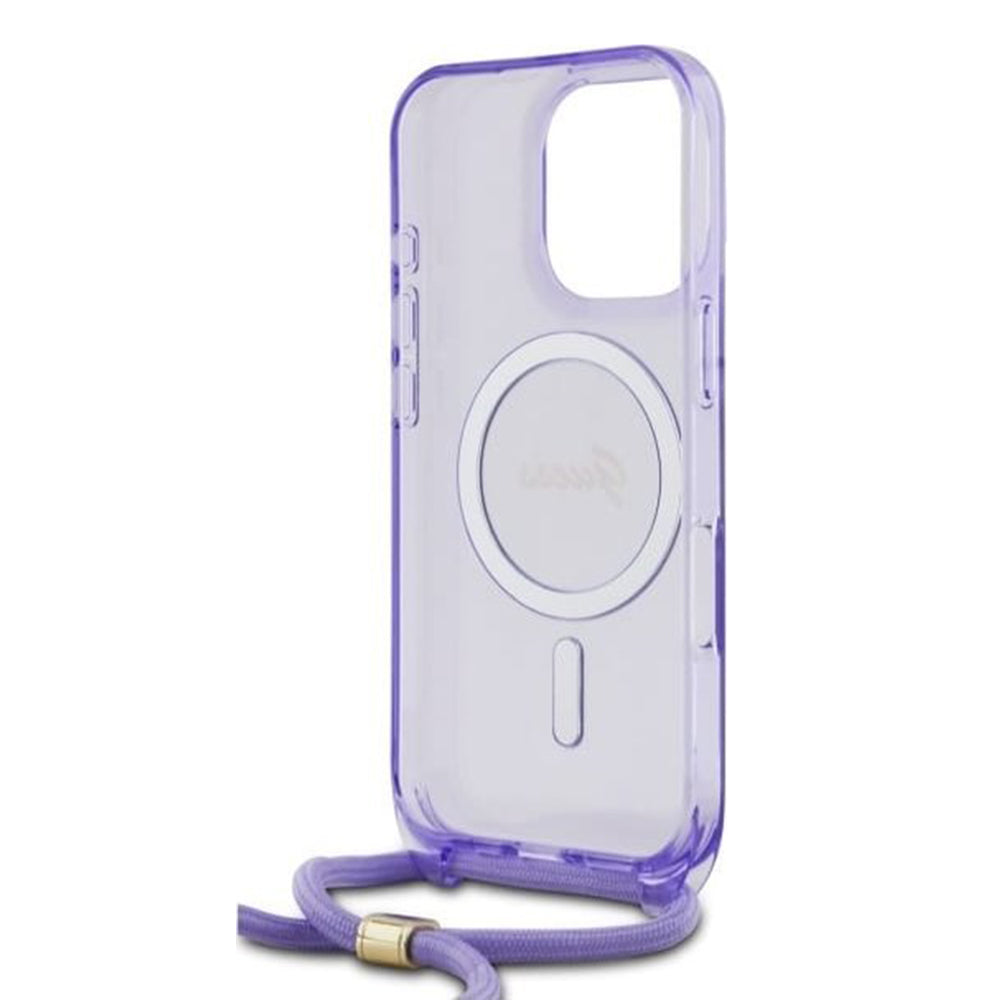 MagSafe hoesje voor Apple iPhone 16 Pro, Guess, IML Crossbody Cord Script, Paars