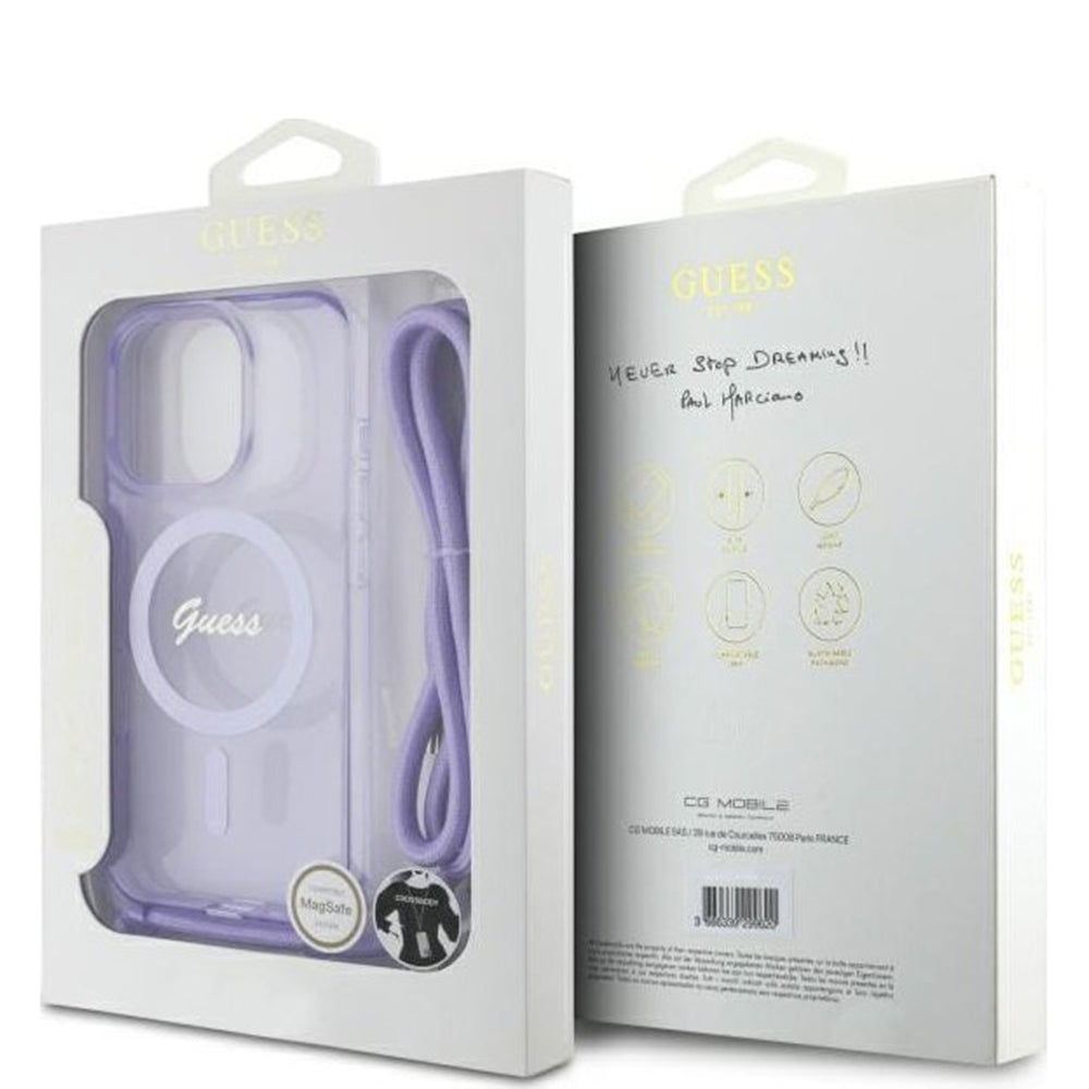 MagSafe hoesje voor Apple iPhone 16 Pro, Guess, IML Crossbody Cord Script, Paars